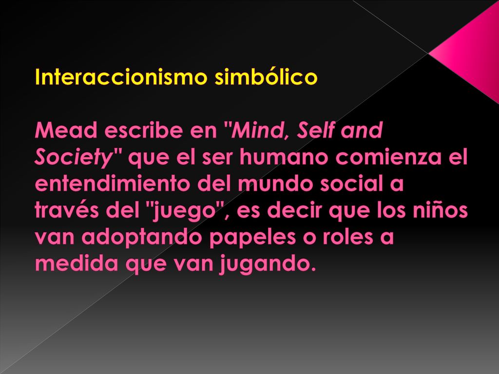 Interaccionismo simbólico Mead escribe en Mind, Self and Society que el ser humano comienza el entendimiento del mundo social a través del juego , es decir que los niños van adoptando papeles o roles a medida que van jugando.