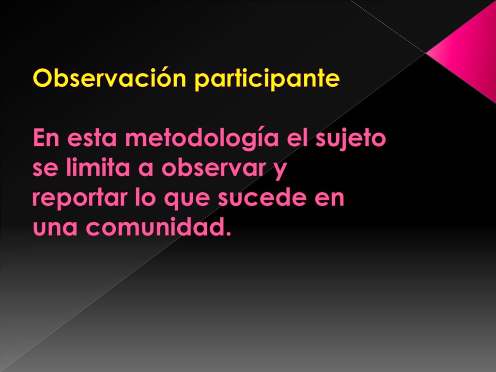 Observación participante En esta metodología el sujeto se limita a observar y reportar lo que sucede en una comunidad.