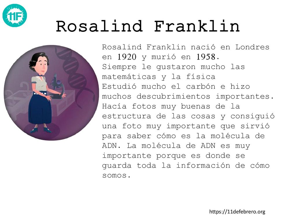 Rosalind Franklin Rosalind Franklin nació en Londres en 1920 y murió en Siempre le gustaron mucho las matemáticas y la física.