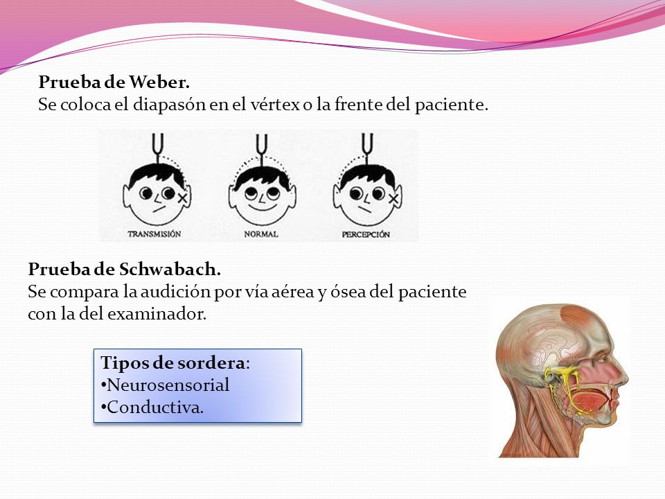 Prueba de Weber. Se coloca el diapasón en el vértex o la frente del paciente. Prueba de Schwabach.