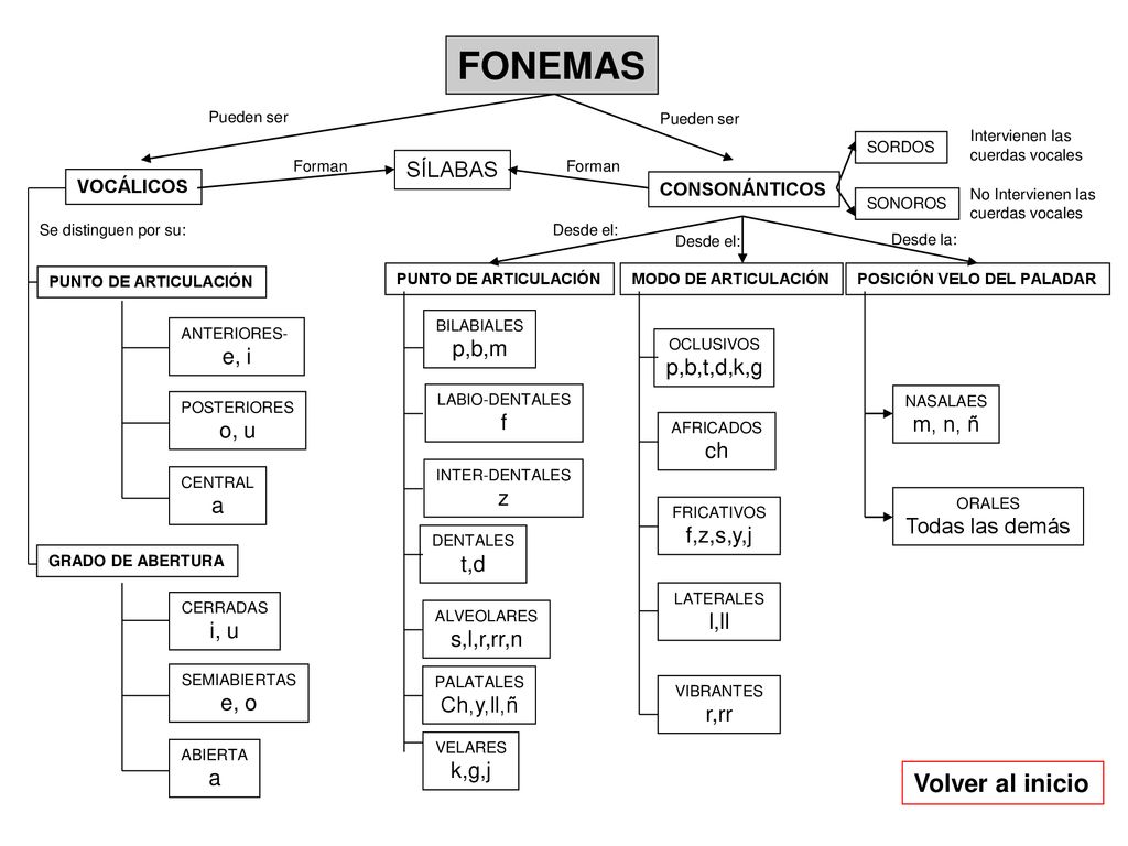 FONEMAS Volver al inicio SÍLABAS p,b,m e, i p,b,t,d,k,g f m, n, ñ o, u