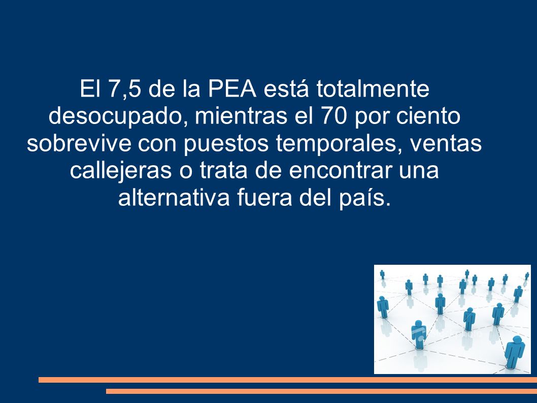 El 7,5 de la PEA está totalmente desocupado, mientras el 70 por ciento sobrevive con puestos temporales, ventas callejeras o trata de encontrar una alternativa fuera del país.