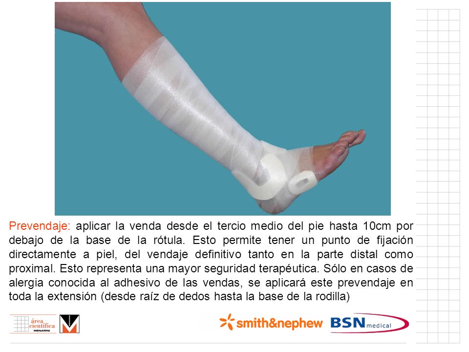Prevendaje: aplicar la venda desde el tercio medio del pie hasta 10cm por debajo de la base de la rótula.