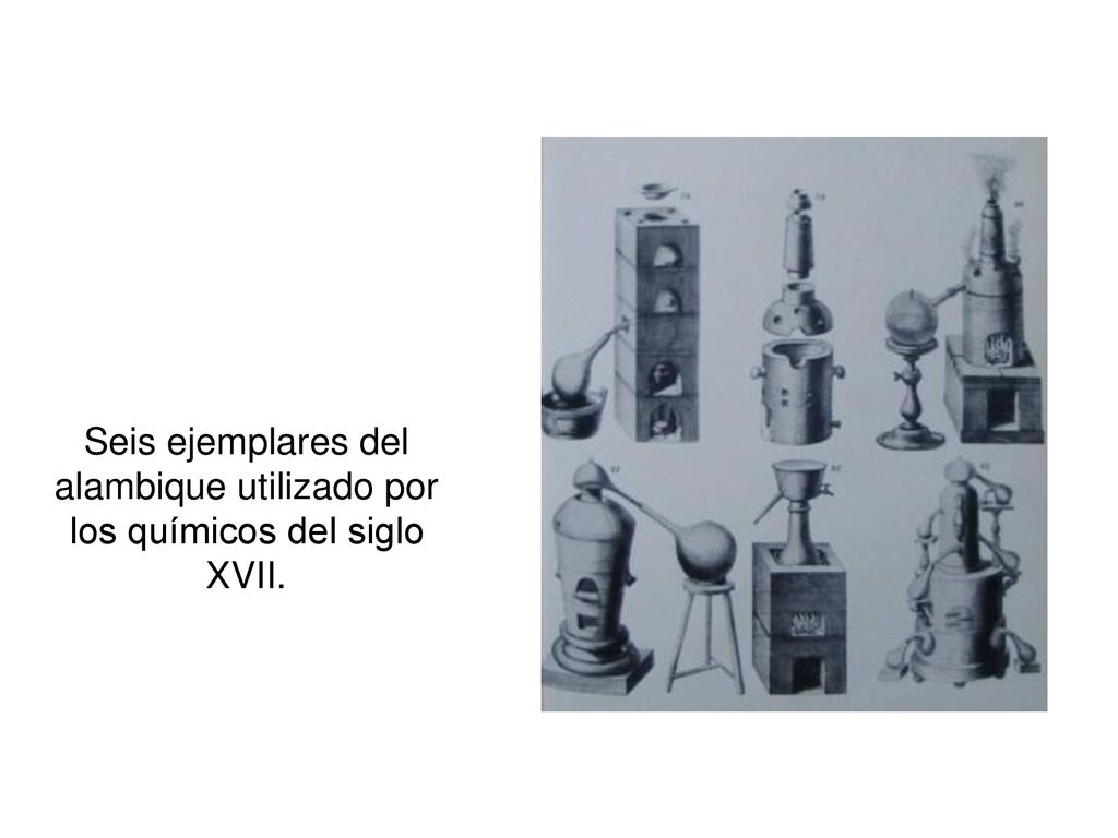 Seis ejemplares del alambique utilizado por los químicos del siglo XVII.