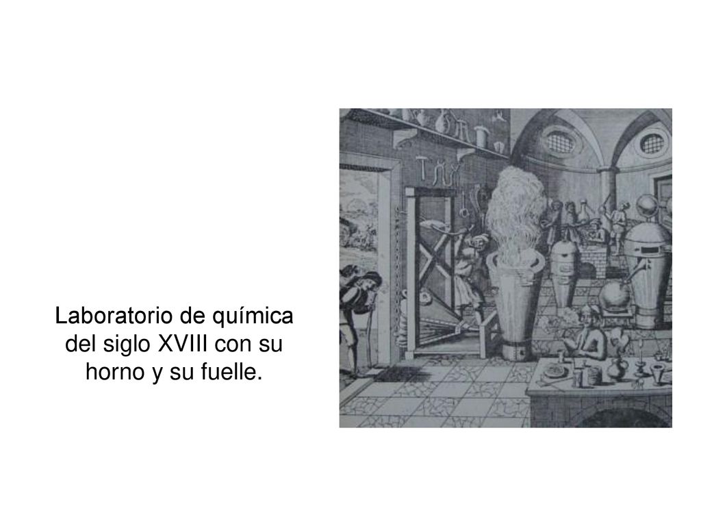 Laboratorio de química del siglo XVIII con su horno y su fuelle.