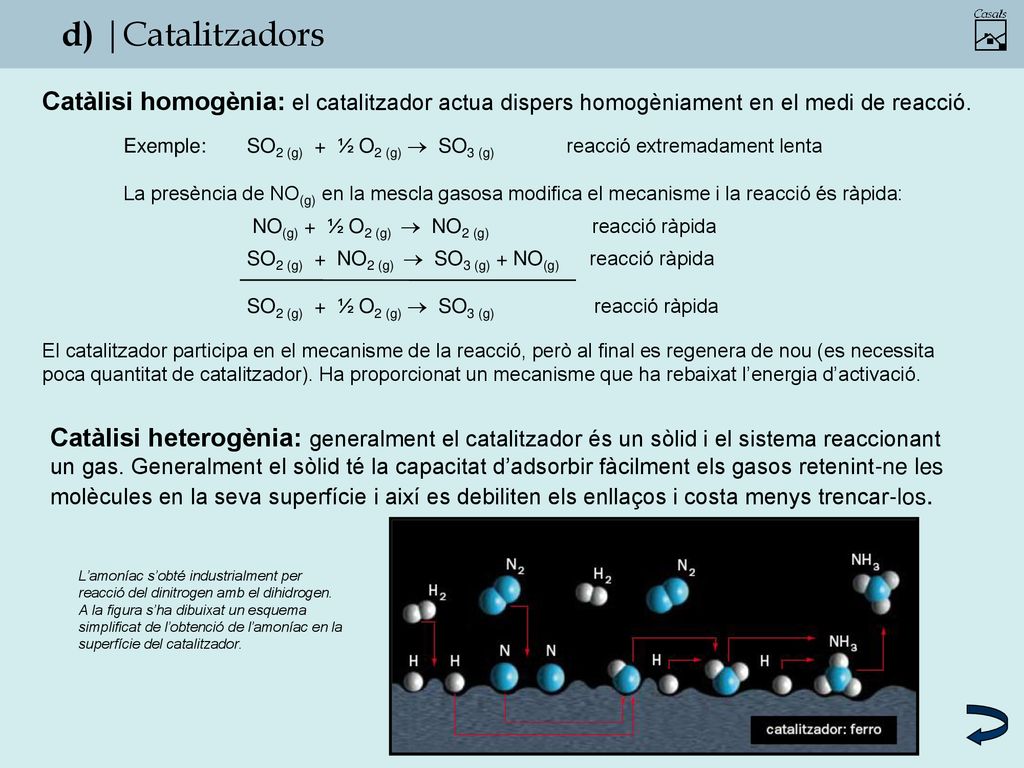 d) |Catalitzadors Catàlisi homogènia: el catalitzador actua dispers homogèniament en el medi de reacció.