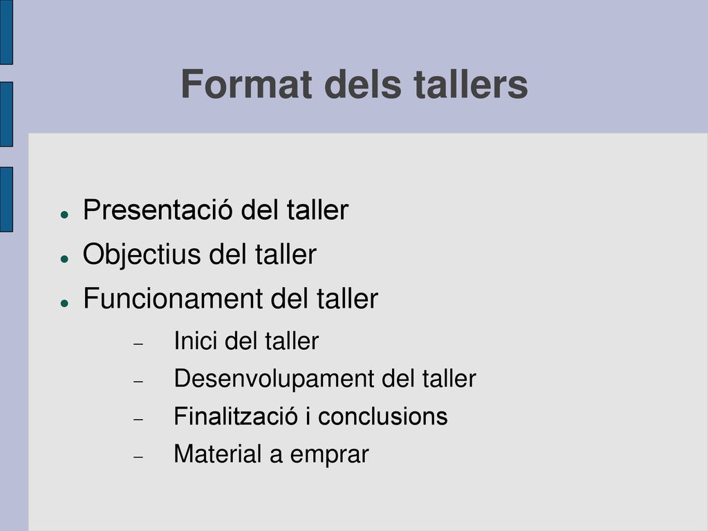 Format dels tallers Presentació del taller Objectius del taller