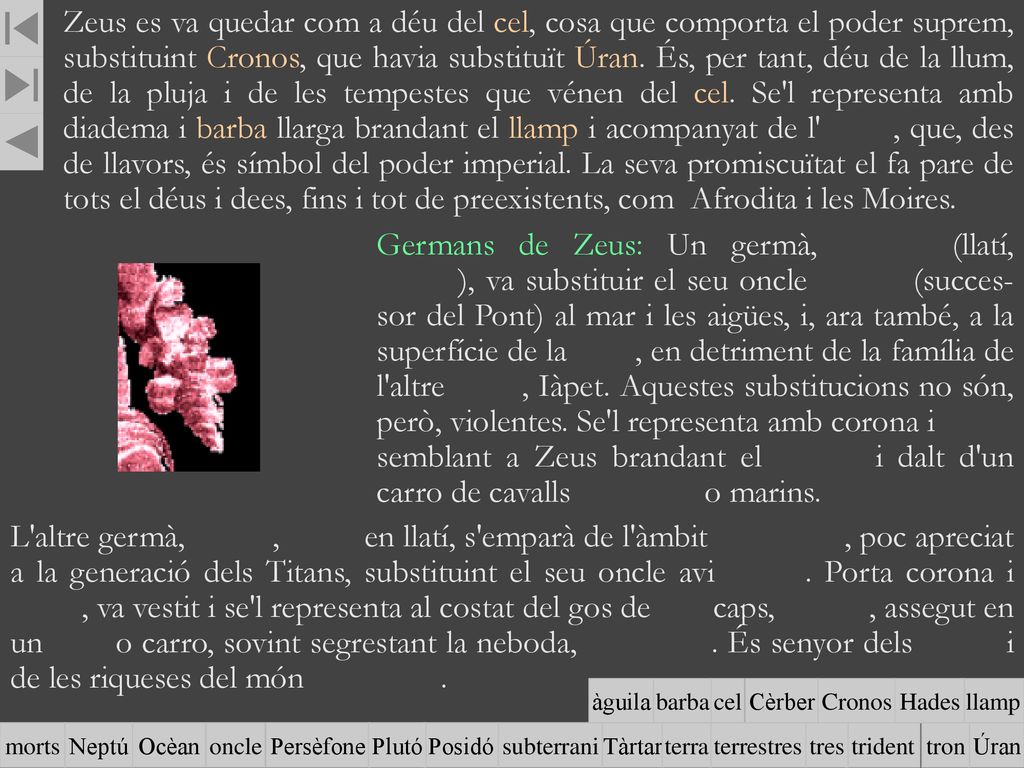 Zeus es va quedar com a déu del cel, cosa que comporta el poder suprem, substituint Cronos, que havia substituït Úran. És, per tant, déu de la llum, de la pluja i de les tempestes que vénen del cel. Se l representa amb diadema i barba llarga brandant el llamp i acompanyat de l àguila, que, des de llavors, és símbol del poder imperial. La seva promiscuïtat el fa pare de tots el déus i dees, fins i tot de preexistents, com Afrodita i les Moires.