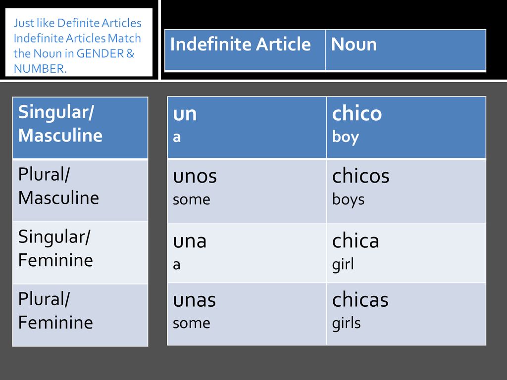 un chico unos chicos una chica unas chicas Indefinite Article Noun