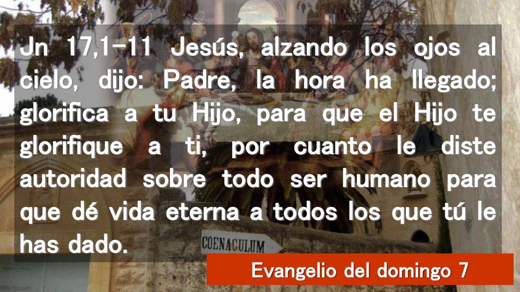 Jn 17,1-11 Jesús, alzando los ojos al cielo, dijo: Padre, la hora ha llegado; glorifica a tu Hijo, para que el Hijo te glorifique a ti, por cuanto le diste autoridad sobre todo ser humano para que dé vida eterna a todos los que tú le has dado.