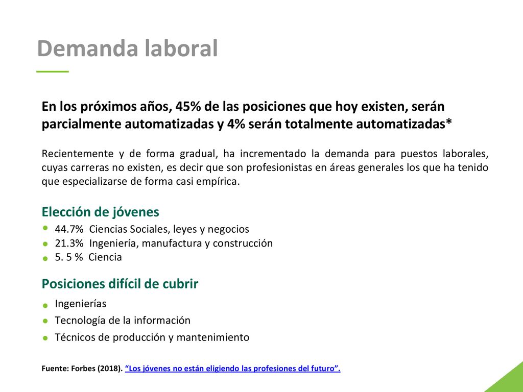 Demanda laboral En los próximos años, 45% de las posiciones que hoy existen, serán parcialmente automatizadas y 4% serán totalmente automatizadas*
