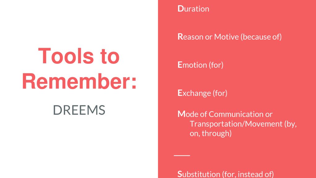 Tools to Remember: DREEMS Duration Reason or Motive (because of)