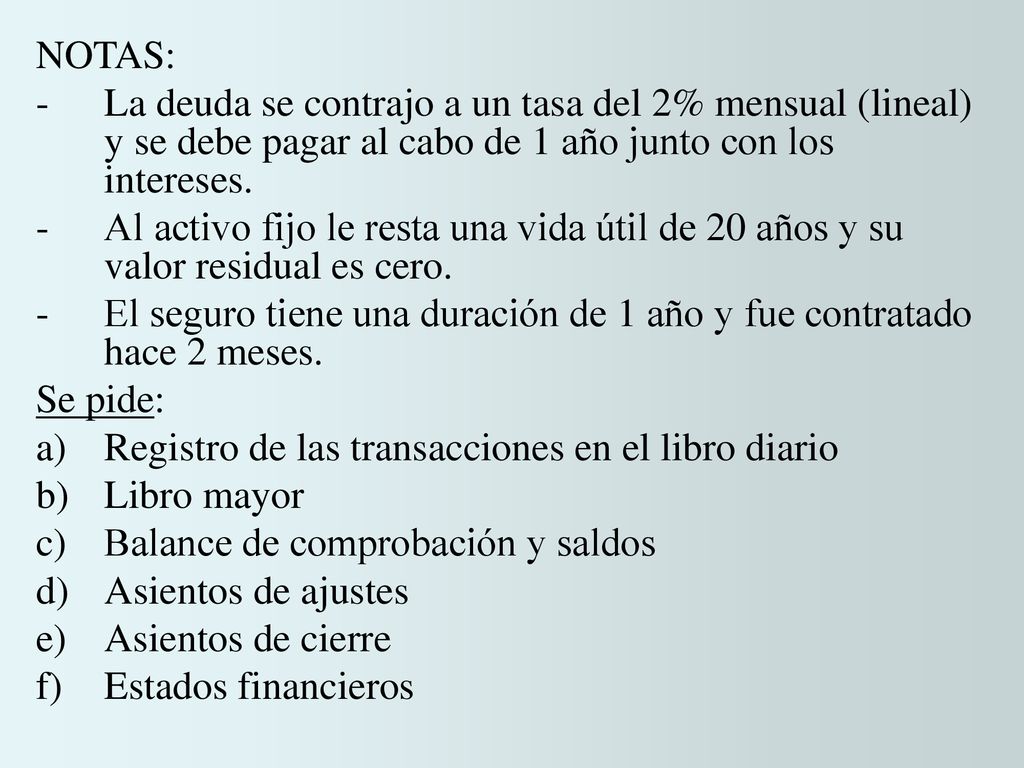 NOTAS: - La deuda se contrajo a un tasa del 2% mensual (lineal) y se debe pagar al cabo de 1 año junto con los intereses.