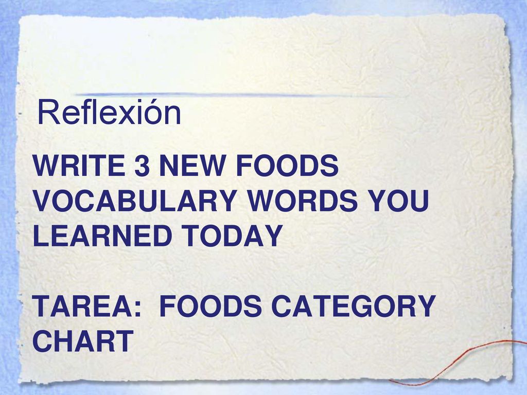 Reflexión WRITE 3 NEW FOODS VOCABULARY WORDS YOU LEARNED TODAY tarea: Foods Category chart