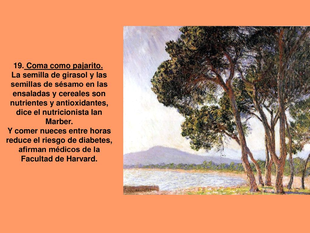 19. Coma como pajarito. La semilla de girasol y las semillas de sésamo en las ensaladas y cereales son nutrientes y antioxidantes, dice el nutricionista Ian Marber.