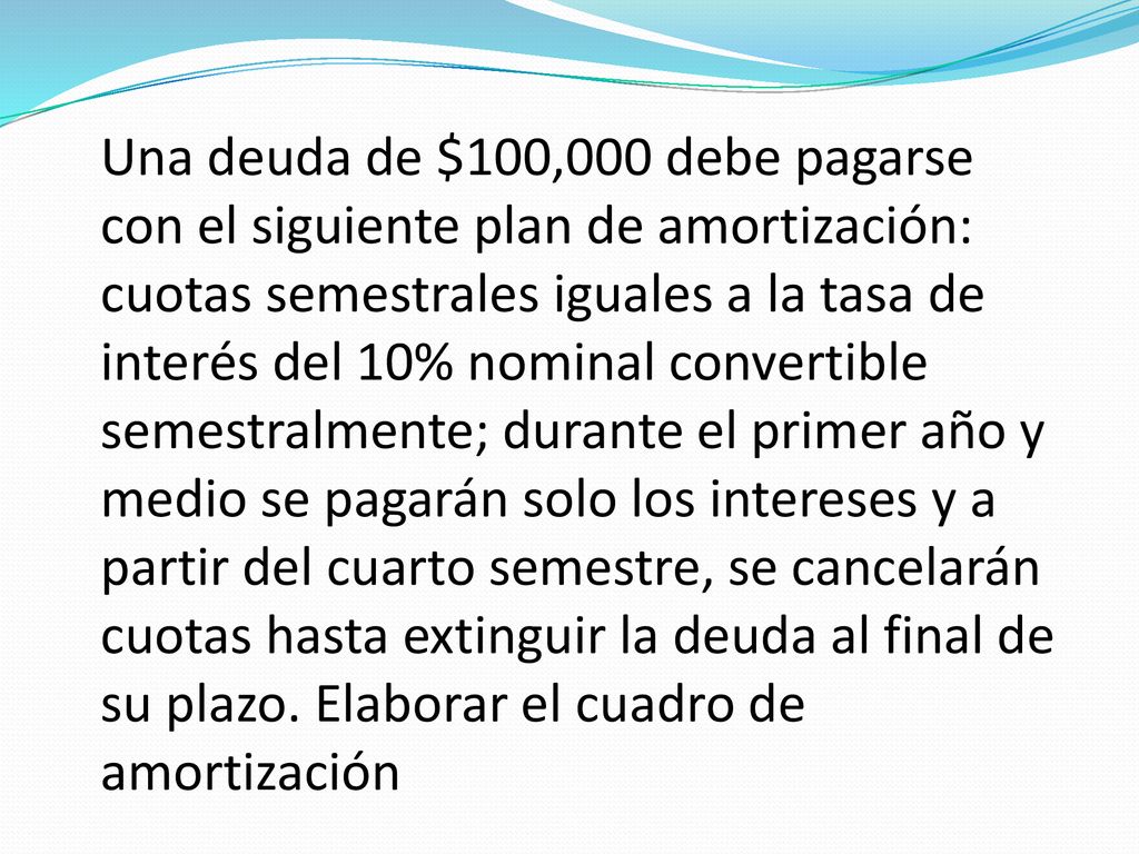 Una deuda de $100,000 debe pagarse con el siguiente plan de amortización: cuotas semestrales iguales a la tasa de interés del 10% nominal convertible semestralmente; durante el primer año y medio se pagarán solo los intereses y a partir del cuarto semestre, se cancelarán cuotas hasta extinguir la deuda al final de su plazo.
