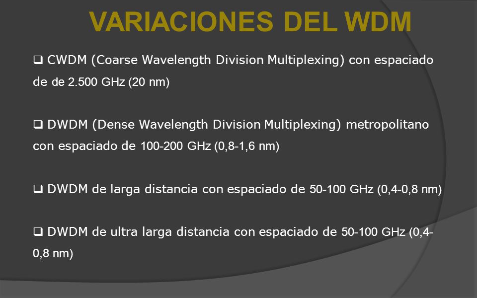 VARIACIONES DEL WDM CWDM (Coarse Wavelength Division Multiplexing) con espaciado de de GHz (20 nm)