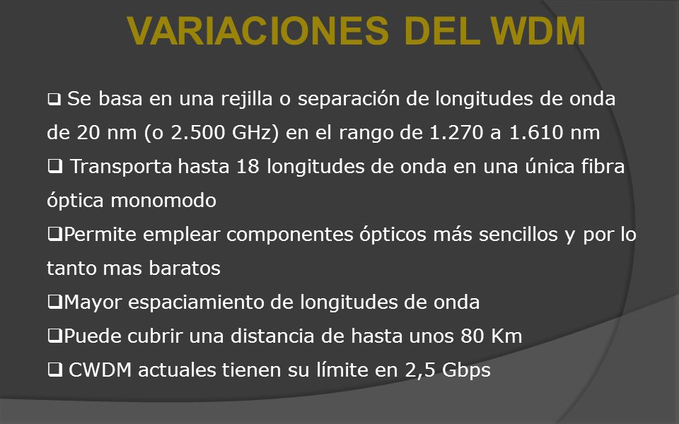VARIACIONES DEL WDM Se basa en una rejilla o separación de longitudes de onda de 20 nm (o GHz) en el rango de a nm.