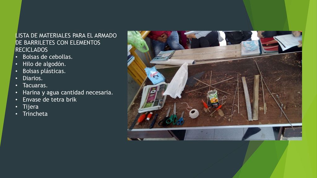 LISTA DE MATERIALES PARA EL ARMADO DE BARRILETES CON ELEMENTOS RECICLADOS