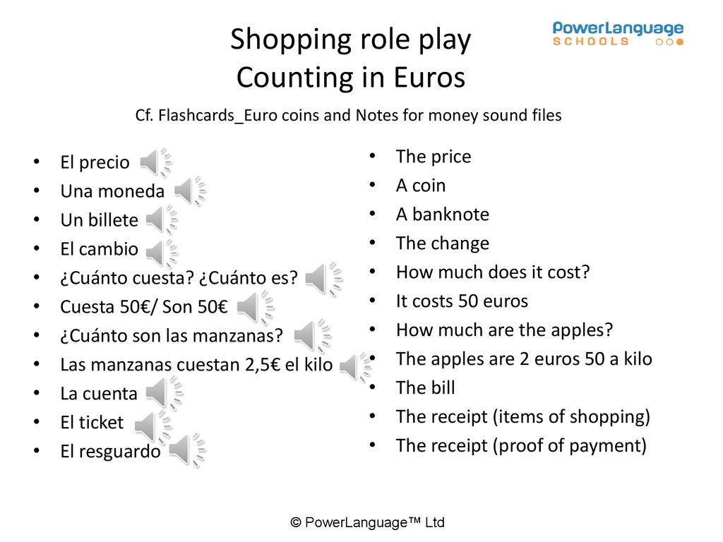 Shopping role play Counting in Euros The price El precio A coin