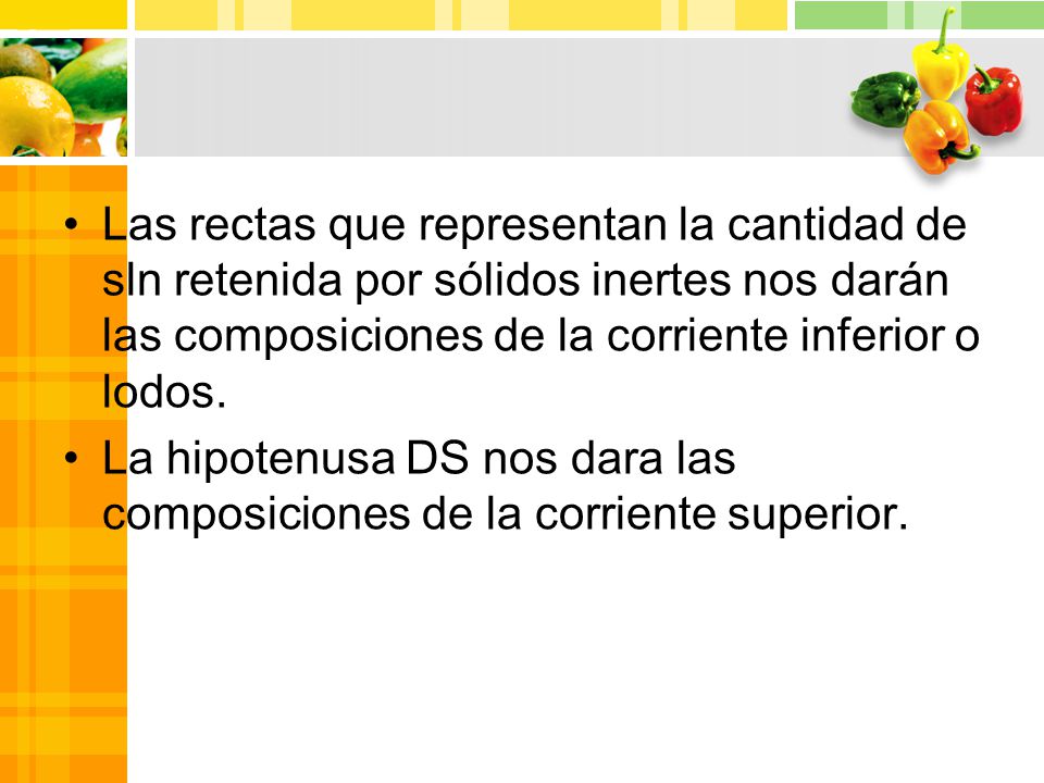 Las rectas que representan la cantidad de sln retenida por sólidos inertes nos darán las composiciones de la corriente inferior o lodos.