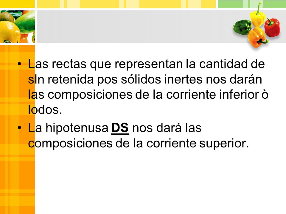 Las rectas que representan la cantidad de sln retenida pos sólidos inertes nos darán las composiciones de la corriente inferior ò lodos.
