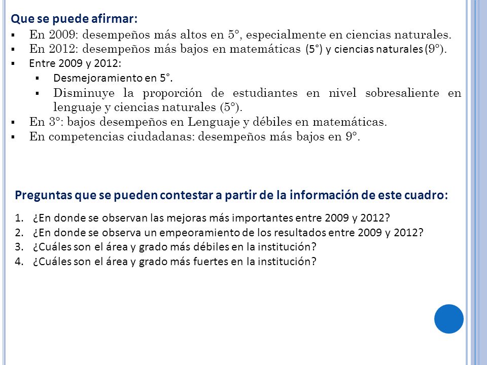 Que se puede afirmar: En 2009: desempeños más altos en 5°, especialmente en ciencias naturales.