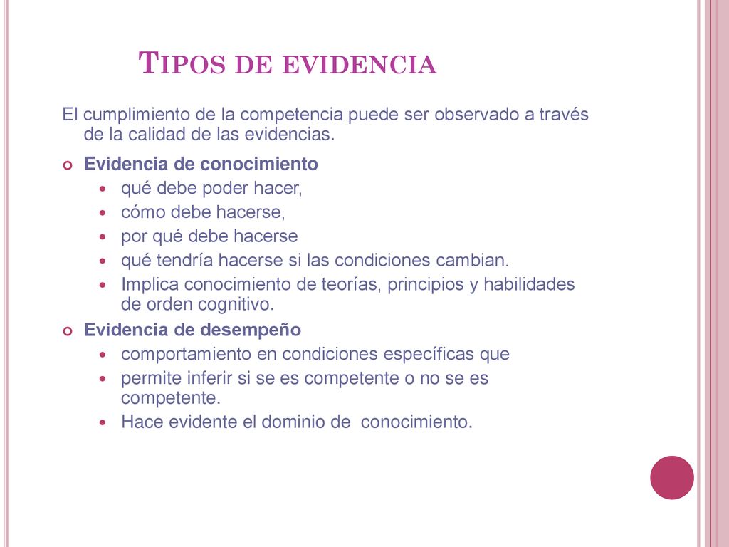 Tipos de evidencia El cumplimiento de la competencia puede ser observado a través de la calidad de las evidencias.