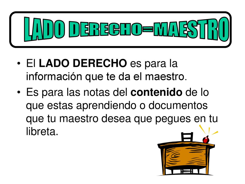 LADO DERECHO=MAESTRO El LADO DERECHO es para la información que te da el maestro.