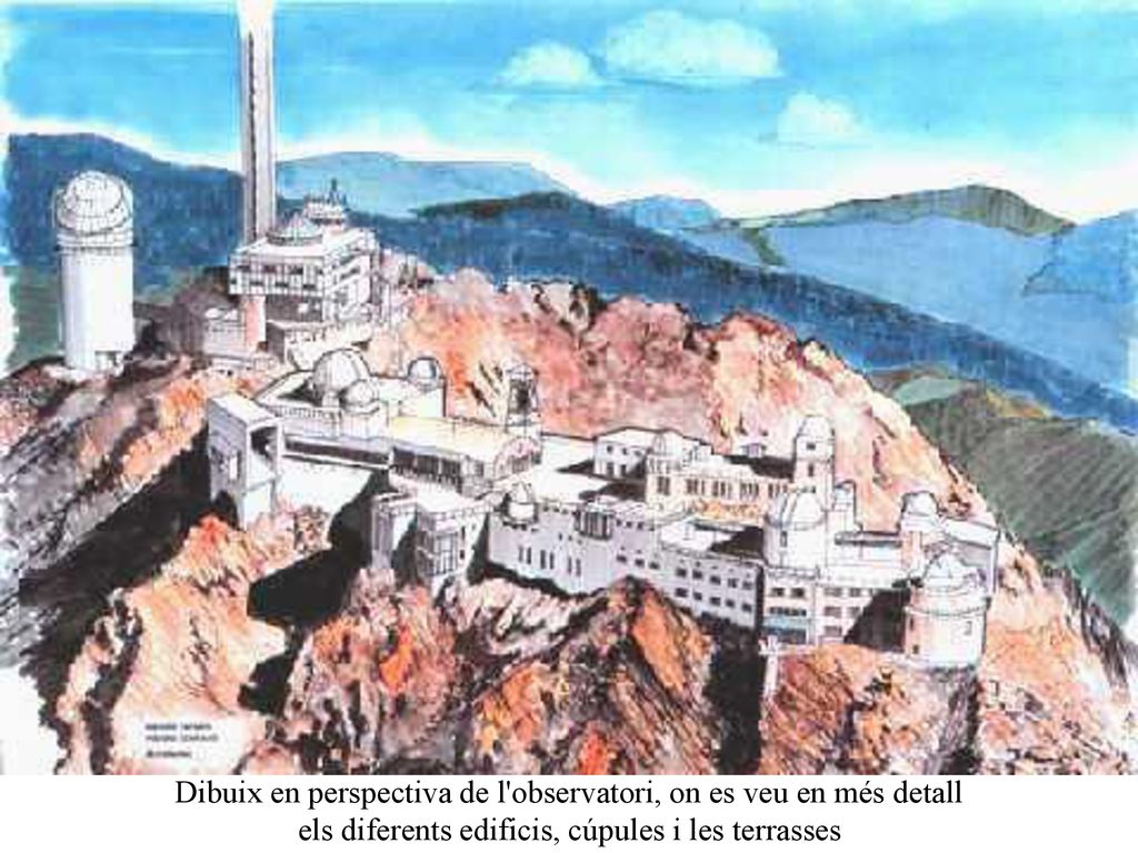 Dibuix en perspectiva de l observatori, on es veu en més detall els diferents edificis, cúpules i les terrasses