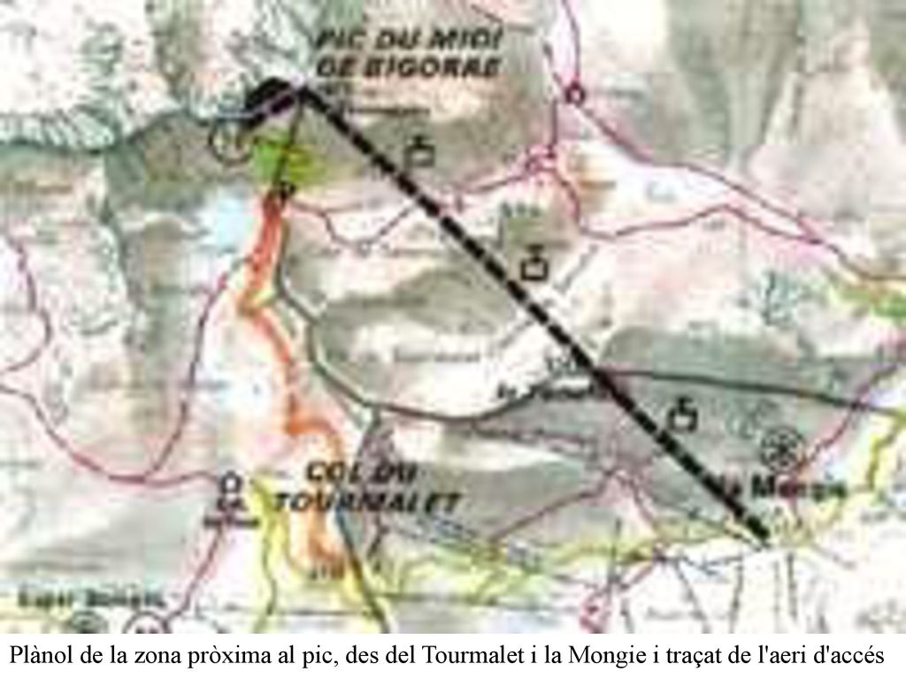 Plànol de la zona pròxima al pic, des del Tourmalet i la Mongie i traçat de l aeri d accés
