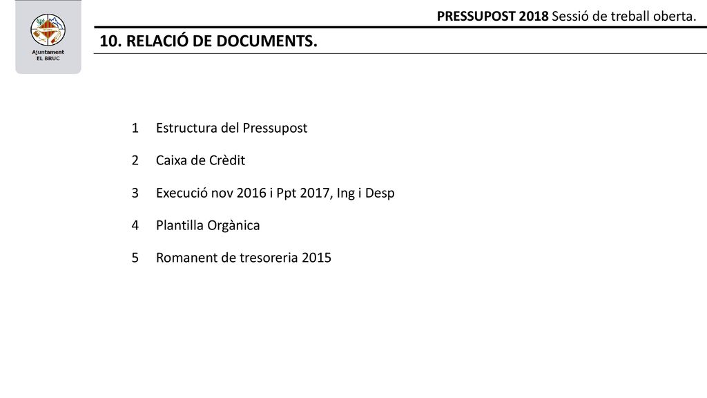 10. RELACIÓ DE DOCUMENTS. PRESSUPOST 2018 Sessió de treball oberta. 1