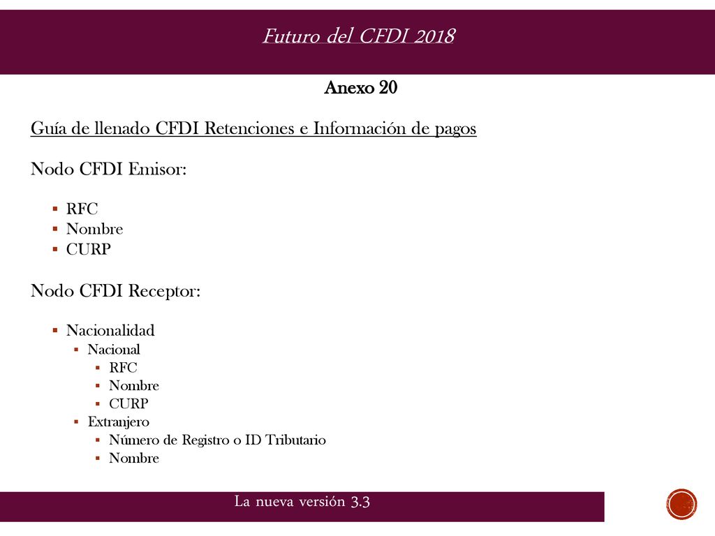 Futuro del CFDI 2018 La nueva versión 3.3 Anexo 20