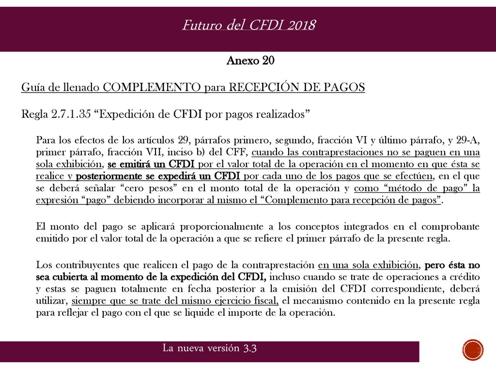 Futuro del CFDI 2018 La nueva versión 3.3 Anexo 20