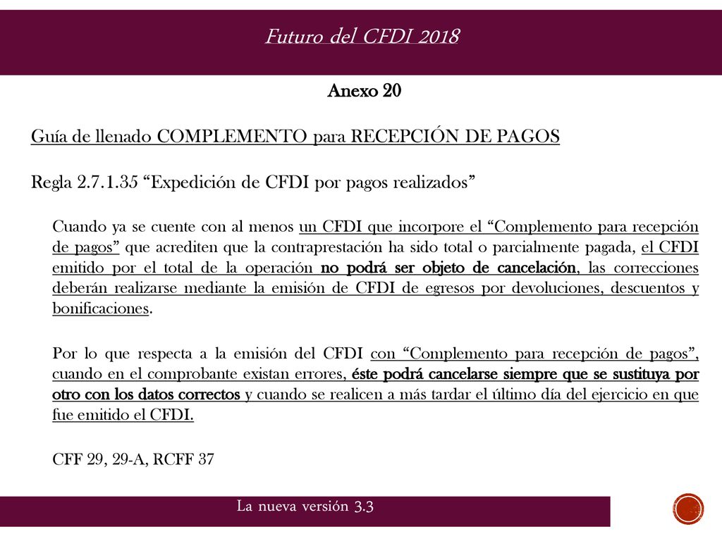 Futuro del CFDI 2018 La nueva versión 3.3 Anexo 20