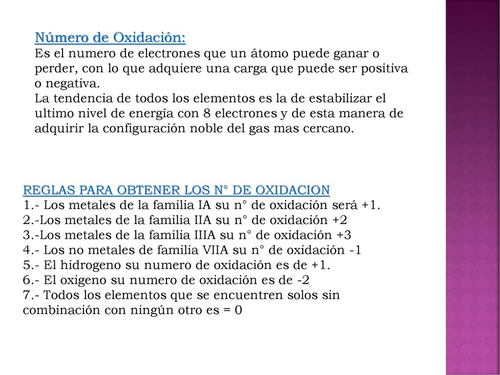Número de Oxidación: Es el numero de electrones que un átomo puede ganar o perder, con lo que adquiere una carga que puede ser positiva o negativa.