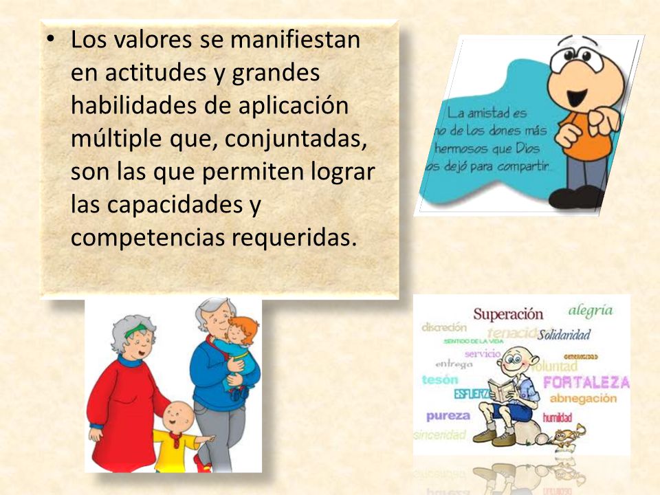 Los valores se manifiestan en actitudes y grandes habilidades de aplicación múltiple que, conjuntadas, son las que permiten lograr las capacidades y competencias requeridas.
