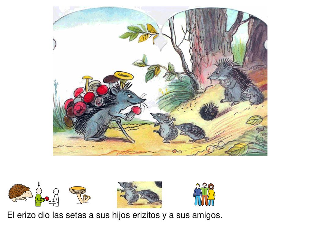 El erizo dio las setas a sus hijos erizitos y a sus amigos.
