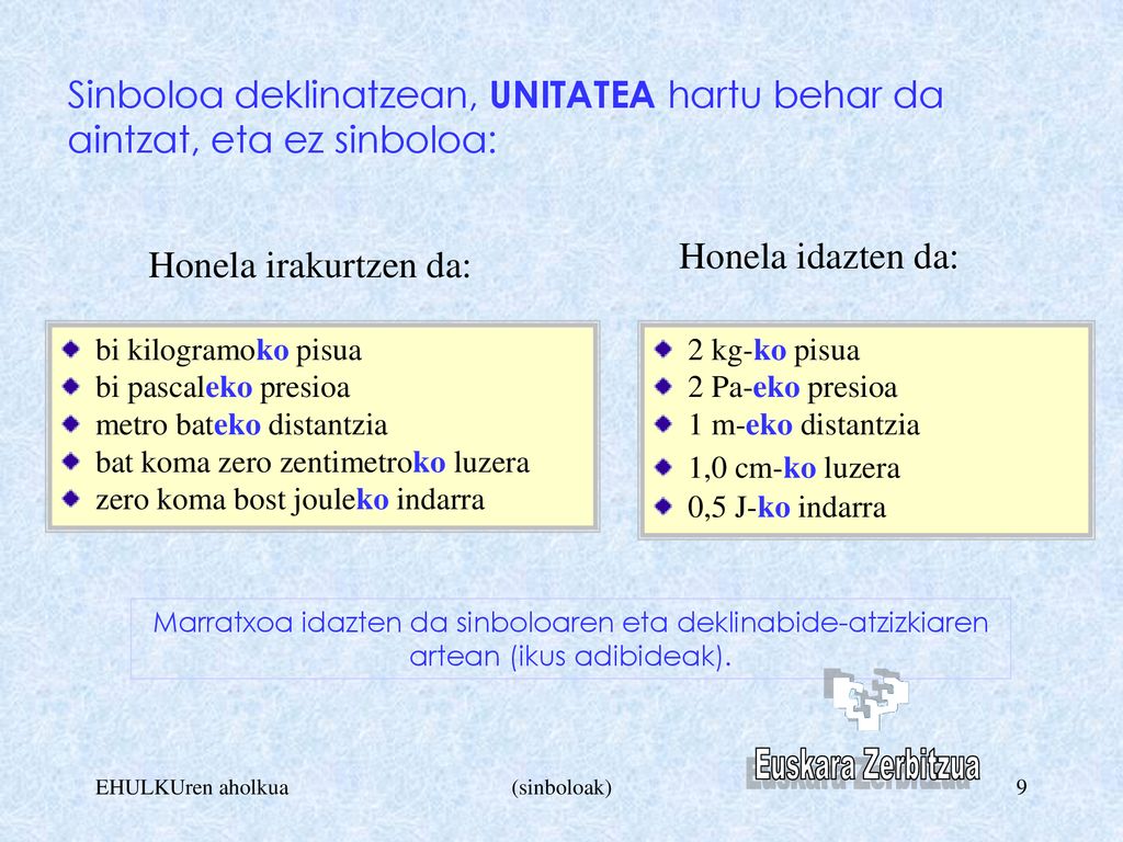 Sinboloa deklinatzean, UNITATEA hartu behar da aintzat, eta ez sinboloa: