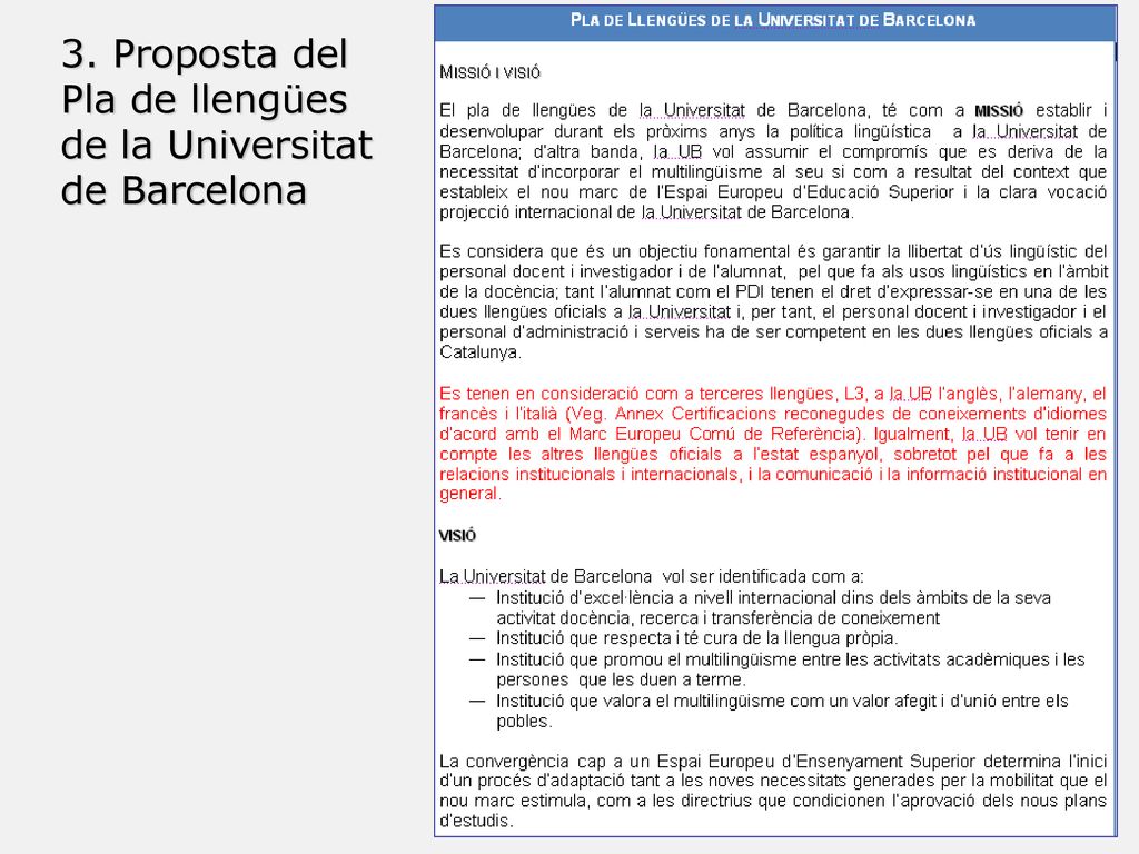 3. Proposta del Pla de llengües de la Universitat de Barcelona