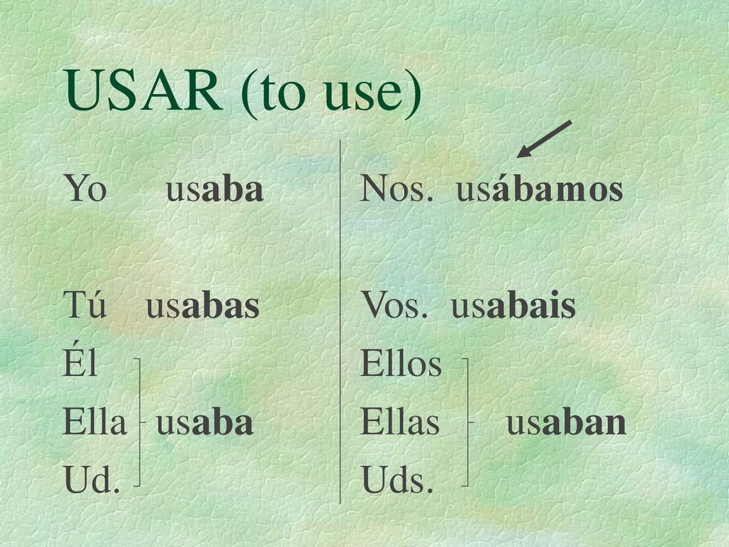 USAR (to use) Yo usaba Tú usabas Él Ella usaba Ud. Nos. usábamos