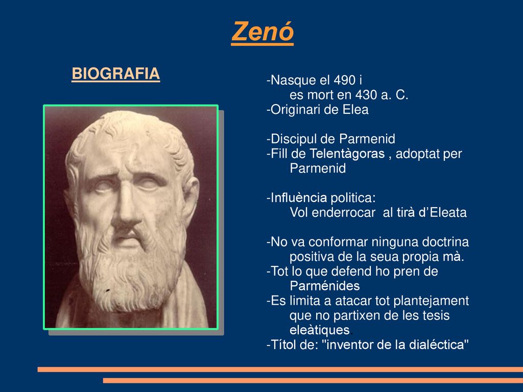 Zenó BIOGRAFIA -Nasque el 490 i es mort en 430 a. C.