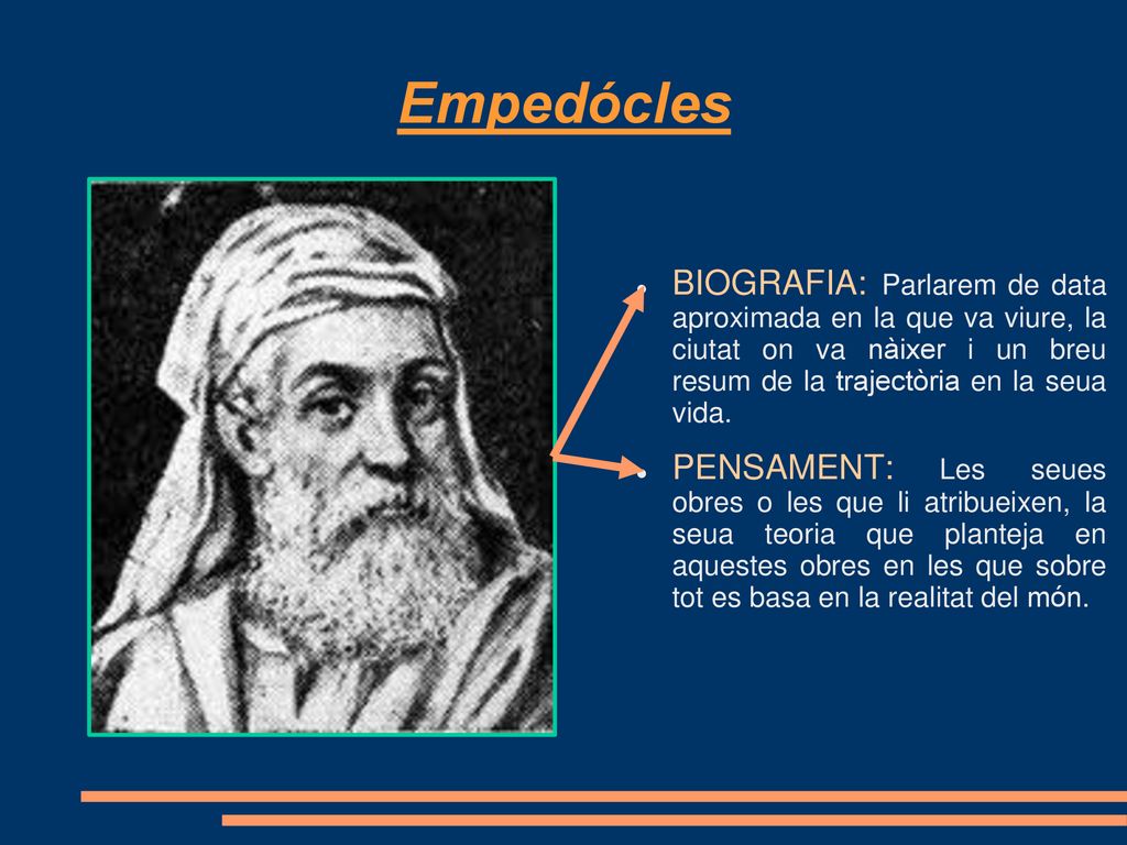 Empedócles BIOGRAFIA: Parlarem de data aproximada en la que va viure, la ciutat on va nàixer i un breu resum de la trajectòria en la seua vida.