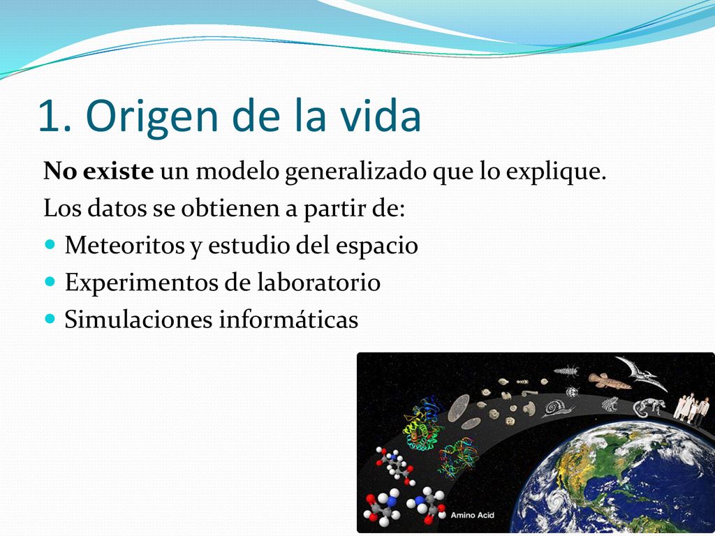 1. Origen de la vida No existe un modelo generalizado que lo explique.