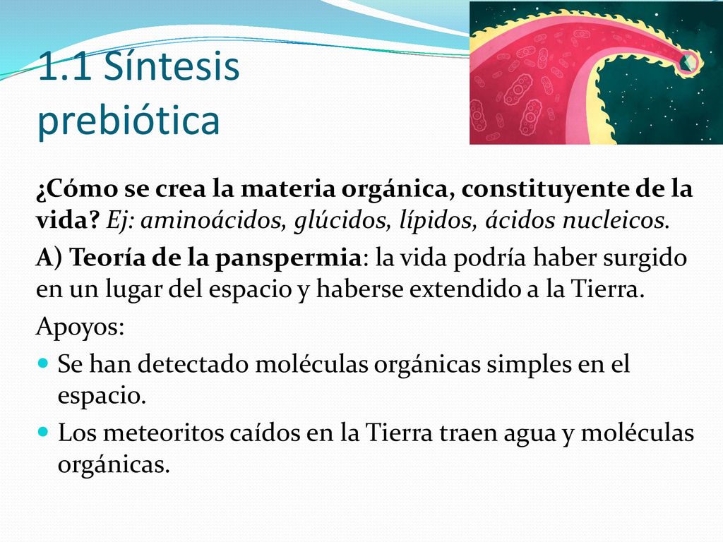 1.1 Síntesis prebiótica ¿Cómo se crea la materia orgánica, constituyente de la vida Ej: aminoácidos, glúcidos, lípidos, ácidos nucleicos.