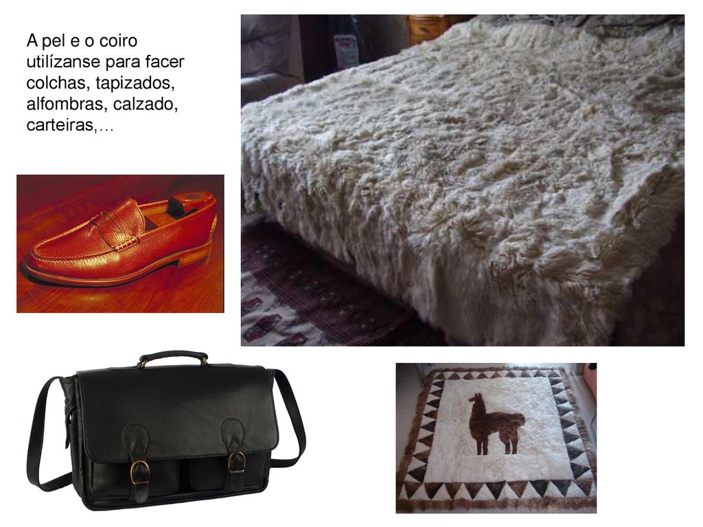 A pel e o coiro utilízanse para facer colchas, tapizados, alfombras, calzado, carteiras,…