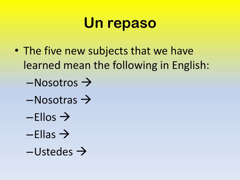 Un repaso The five new subjects that we have learned mean the following in English: Nosotros  Nosotras 