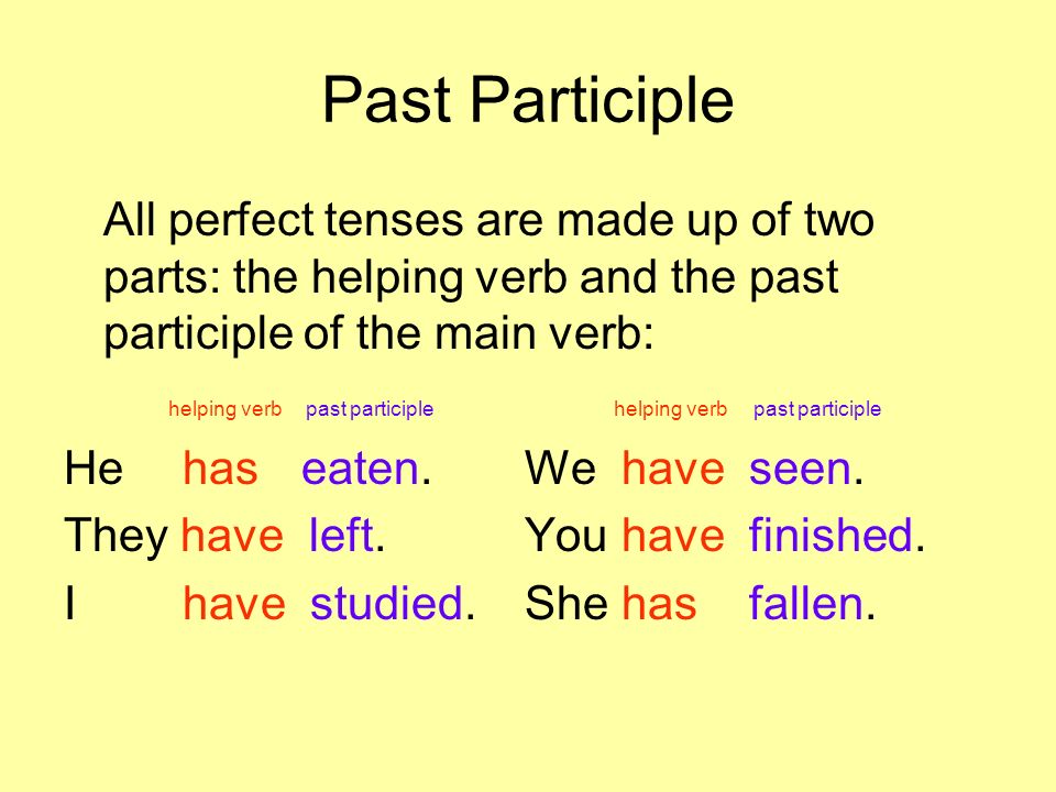 Past Participle All perfect tenses are made up of two parts: the helping verb and the past participle of the main verb: