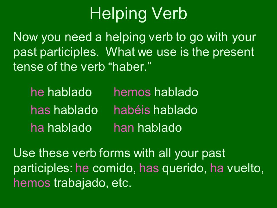 Helping Verb Now you need a helping verb to go with your past participles. What we use is the present tense of the verb haber.
