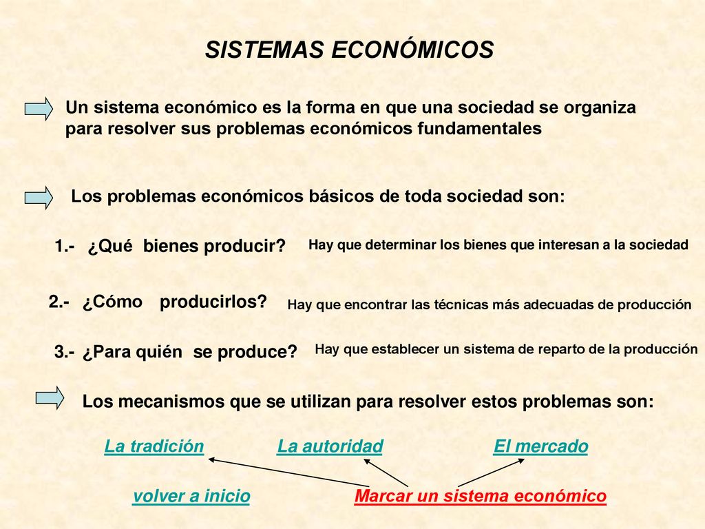 SISTEMAS ECONÓMICOS Un sistema económico es la forma en que una sociedad se organiza para resolver sus problemas económicos fundamentales.